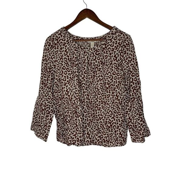J Crew Multicolored 100% Linen Leopard Print Long Sleeve Blouse Size 10 Women's - Picture 1 of 6